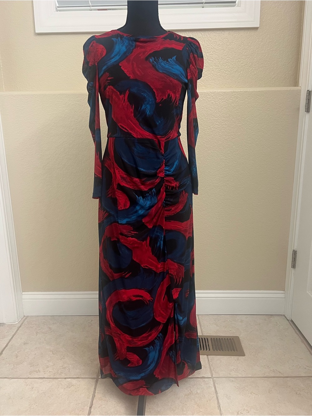 Anne Klein Red & Blue Abstract Brushstroke Maxi Dress